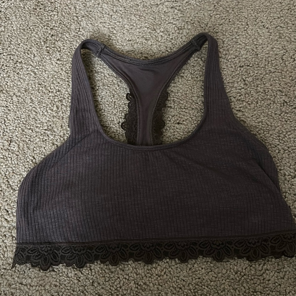 aerie Brown Ribbed Racerback Lightly Lined Sports Bra, Size L